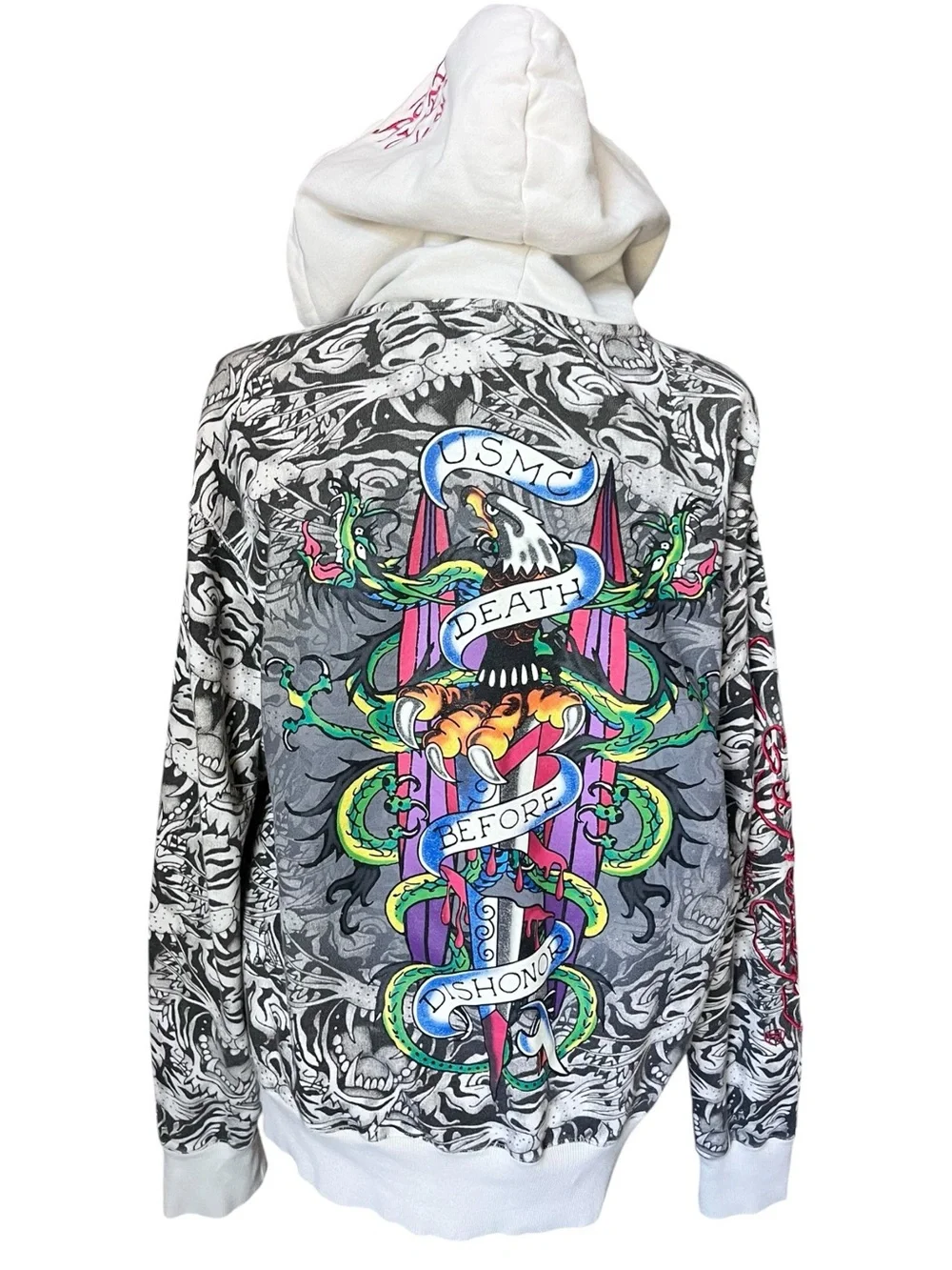 Ed Hardy Y2K Vintage USMC Death Before Dishonor Eagle All Over Print Hoodie LRG